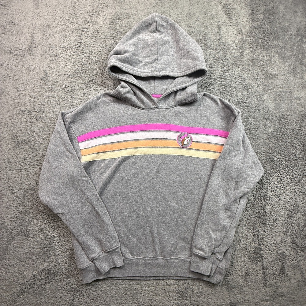 Buc-ee's Women's Fleece Hoodie NWOT Gray Striped Logo Patch L Pullover Cozy